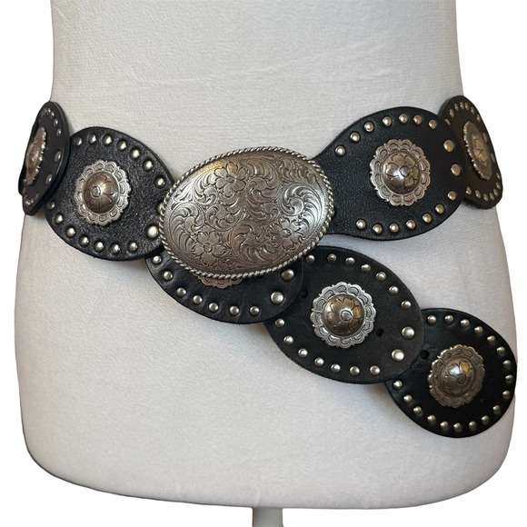 Fossil Accessories - Fossil Leather Studded Western Concho Belt Black Buckle Wide Boho Flower Large